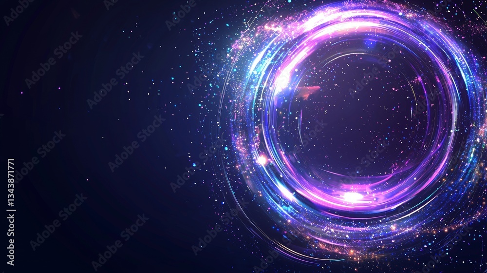 A dark blue background serves as the setting for an abstract futuristic illustration with colorful light lines that move in a circular motion A dark blue background serves as the setting for an abstract futuristic illustration with colorful light lines that move in a circular motion