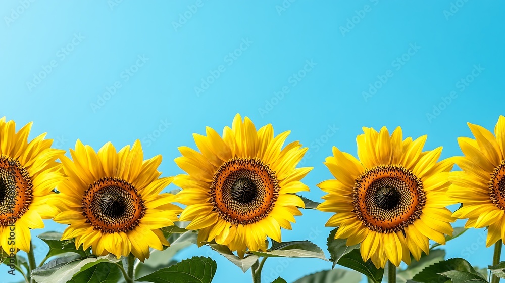 Obraz premium Yellow sunflowers bloom in a row under a bright blue sky