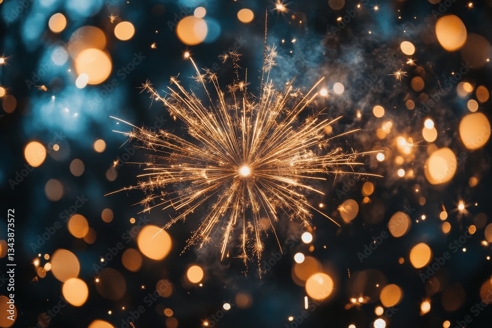 Fototapeta premium A Stunning Golden Sparkler Fireworks Display Against a Dark Night Sky with Bokeh Lights