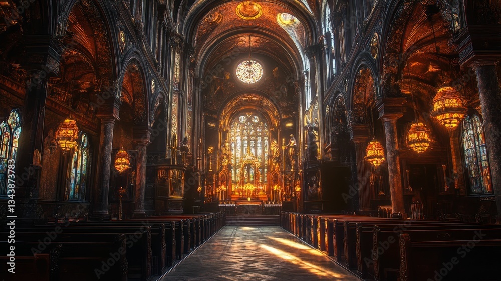 Fototapeta premium Ornate church interior filled with golden light.
