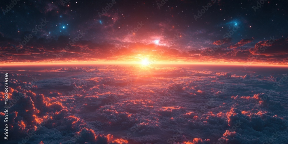 Naklejka premium Futuristic Digital Landscape 2025 Cyberpunk Earth from Space Neon Blue Sunrise Technology Innovation