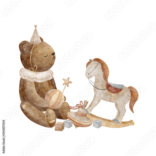 Vintage toys teddy bear in party hat, rocking horse, ball, children's play cubes. Watercolor illustration in retro style on isolated. Elements for design cards, Christmas invitations, posters, clothes
