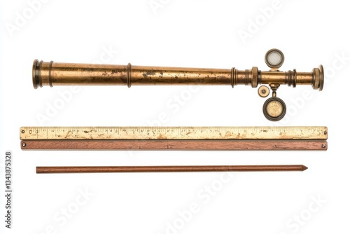 A white background showcases the ship captain's essential navigational tools, comprising a compass, compass, ruler, and protractor, representing concepts of travel, geography, navigation, tourism,