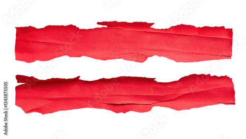 Two vibrant red torn paper strips on a transparent background, perfect for adding a textured, edgy, and artistic touch to graphic design projects