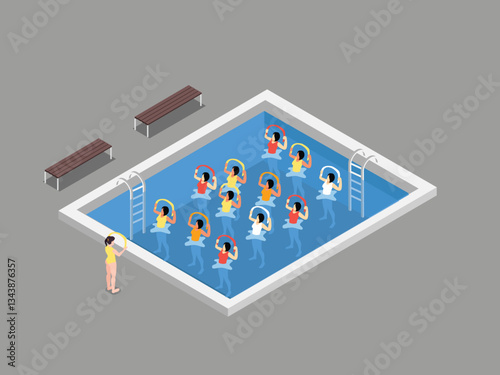 Isometric Aqua Aerobics Class in Swimming Pool 3d flat vector illustrations
