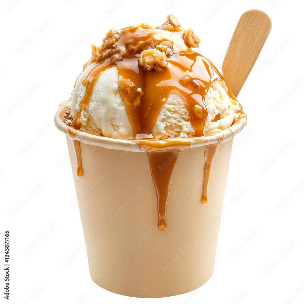 Fototapeta premium Scoops of vanilla ice cream topped with caramel sauce and chopped nuts in paper cup , isolated over transparent background, PNG cut-out