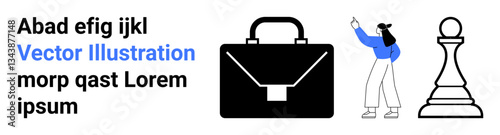 Black briefcase, chess pawn symbolizing strategy, and a character pointing at content. Ideal for business strategy, leadership, education, communication, teamwork, professionalism simple landing