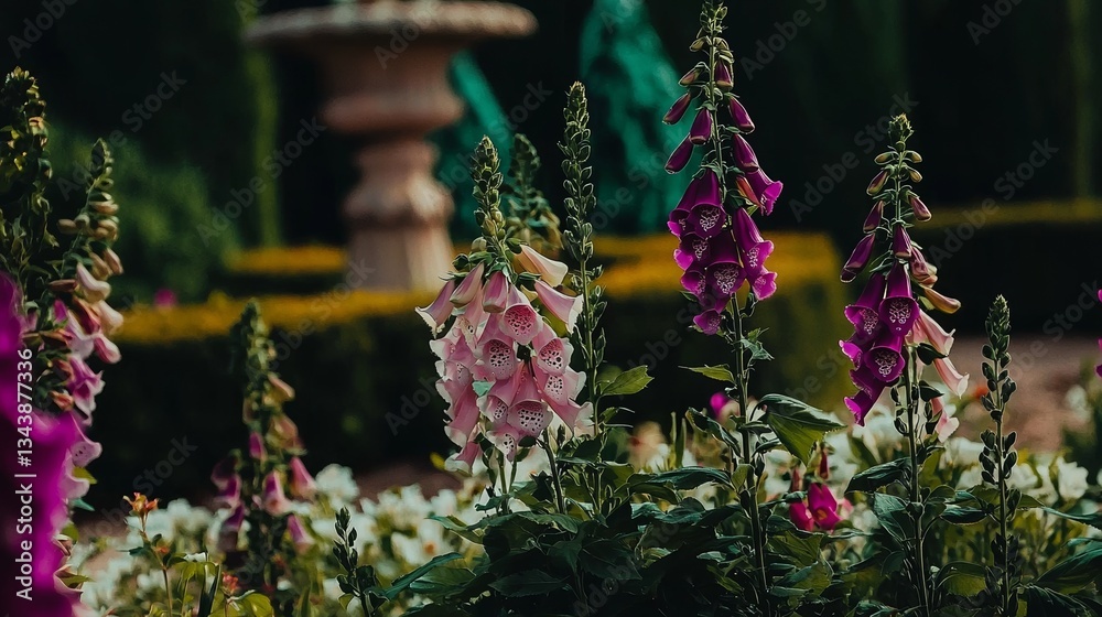 Obraz premium A delicate foxglove plant is captured in a photo, showcasing its tall spikes of tubular bells in shades of purple, white, and pink, all against a blurred green background