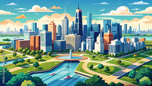 Chicago skyline aerial drone view from above, lake Michigan and city of Chicago downtown skyscrapers cityscape bird's view from Lincoln park, Illinois, USA