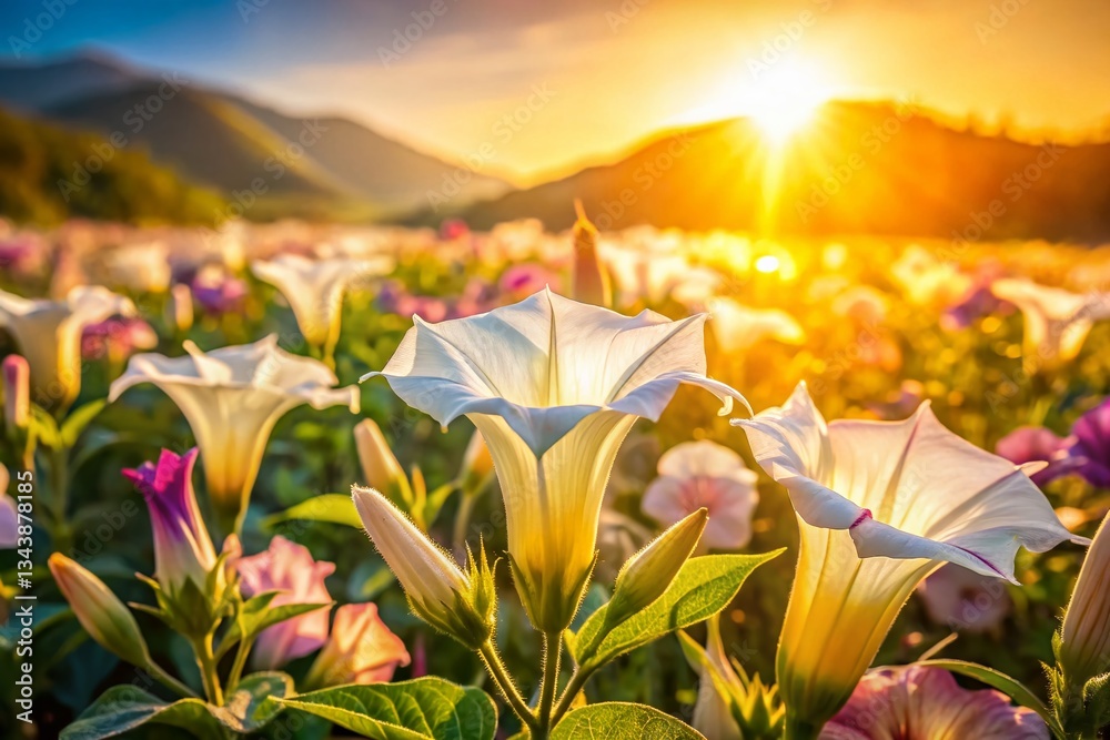 Datura & Freesia Meadow: Summer Bloom Close-Up, Soft Focus Background