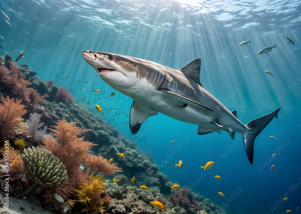 Obraz premium A shark swims underwater, showing off its power and grace. Its sleek body glides effortlessly through the clear water
