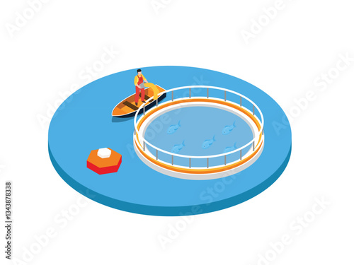 Fish Farming Concept with Farmer Feeding Fish in Circular Aquaculture Cage 3d flat vector illustrations