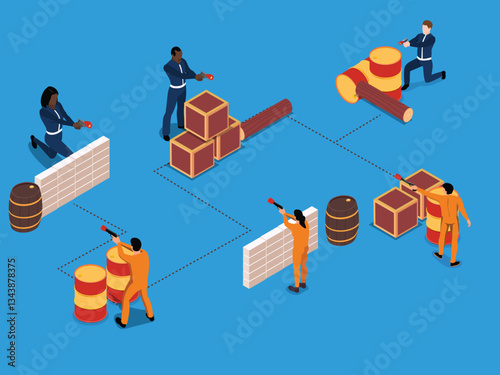 Paintball Game with Players, Barriers, and Obstacles on Blue Background 3d flat vector illustrations