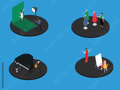 Creative Professions and Artistic Activities Concept with Photography, Music, Fashion, and Art 3d flat vector illustrations