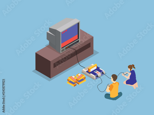 Retro Gaming Fun - Kids Playing Classic Video Game Console 3d flat vector illustrations