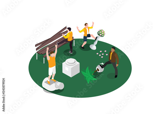 Vandalism in Public Park 3d flat vector illustrations