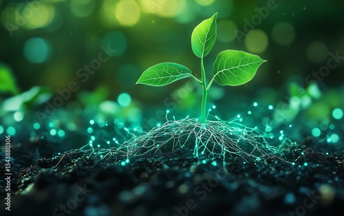 A glowing data network infused with organic roots and budding leaves, symbolizing the seamless merging of technology and ecological sustainability