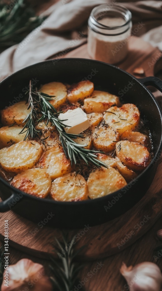 A trendy scene featuring a rustic potato bake with rosemary, garlic, and creamy farm butter, prepared in a Dutch oven. Golden, crispy potatoes, rosemary, and garlic cloves on a rustic wooden board A trendy scene featuring a rustic potato bake with rosemary, garlic, and creamy farm butter, prepared in a Dutch oven. Golden, crispy potatoes, rosemary, and garlic cloves on a rustic wooden board