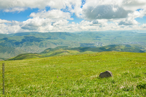 alpine meadows on Teghenis mountain, Hrazdan valley and Sevan Lake scenic view (Tsaghkadzor, Armenia) 