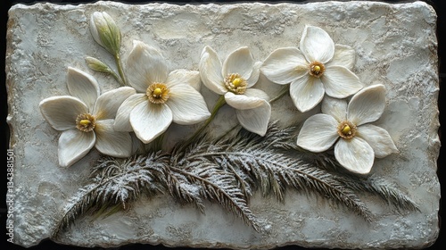White flowers textured relief art, neutral background, home decor