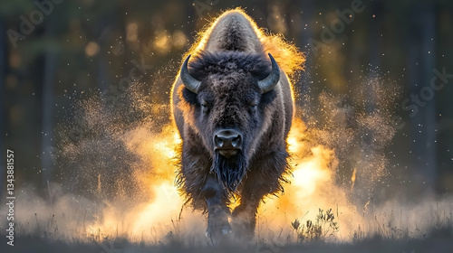 Bison Charging Through Dusty Field at Sunrise Creating an Impressive Natural Scene