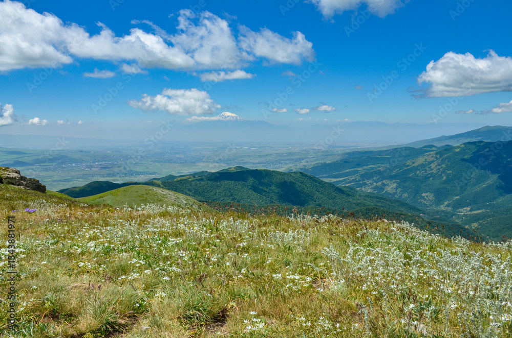 Fototapeta premium alpine meadow on Mount Teghenis with Ararat and Arailer mountains scenic view (Tsaghkadzor, Armenia)