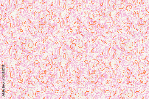 Seamless vector pattern with intricate swirling lines in pink and orange tones on a light background. Elegant, delicate, and decorative, ideal for feminine designs, textiles, wallpapers, packaging