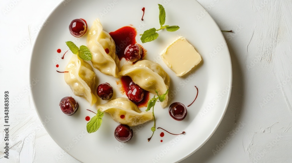 Sleek white plate featuring neatly arranged dumplings filled with cherry and topped with melted butter. Minimalistic presentation highlights rich colors and smooth textures. Sleek white plate featuring neatly arranged dumplings filled with cherry and topped with melted butter. Minimalistic presentation highlights rich colors and smooth textures.