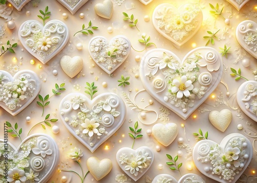 Delicate White Heart Floral Pattern, Light Background Stock Photo