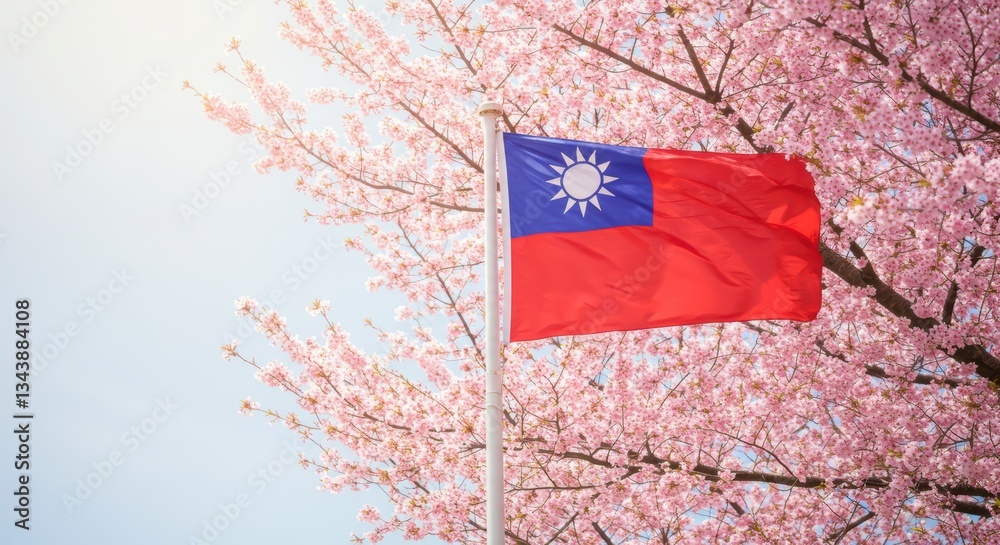 Naklejka premium Taiwan flag waving amidst cherry blossoms in springtime bloom