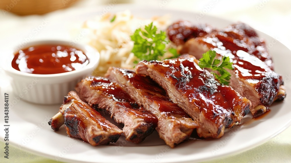 Delicate presentation of meat platter: marinated ribs, chicken wings, steak slices, small bowl of barbecue sauce on white ceramic plate. Soft light, pastel background, glossy textures. Delicate presentation of meat platter: marinated ribs, chicken wings, steak slices, small bowl of barbecue sauce on white ceramic plate. Soft light, pastel background, glossy textures.