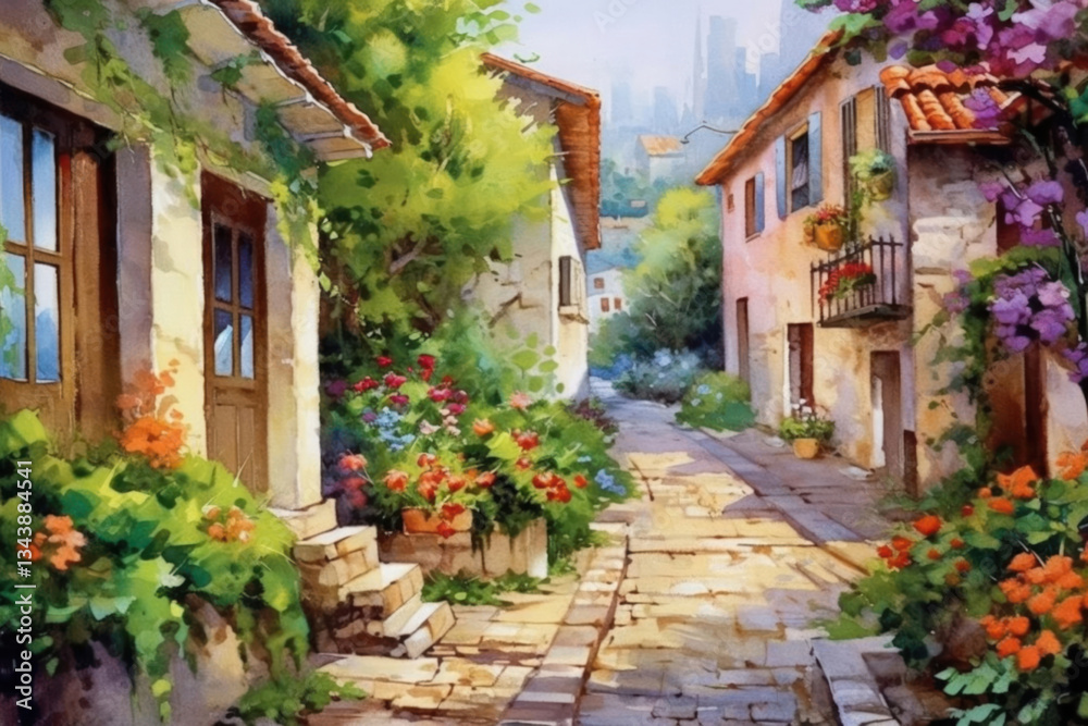 idylistic landscape of a cute street in a small city on a sunny summer day, many flowers on the street, steps., watercolor painting , Generative AI idylistic landscape of a cute street in a small city on a sunny summer day, many flowers on the street, steps., watercolor painting , Generative AI