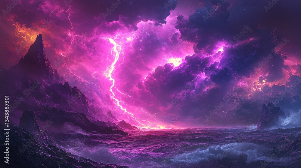 Fototapeta premium A neon paint storm colliding in an electric landscape