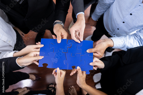 Top view multiethnic business people holding jigsaw pieces and merge them together as effective solution solving teamwork, shared vision and common goal combining diverse talent. Meticulous