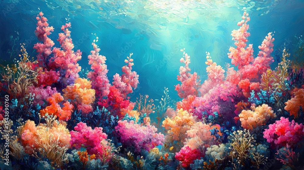 Fototapeta premium Vibrant Coral Reef Underwater Scene with Colorful Marine Life and Sunlight (1)