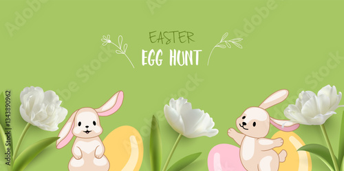 Easter egg hunt background. Funny bunnies on a plain green background between beautiful white tulips and Easter eggs