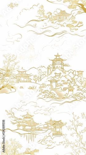 Chinese traditional golden line landscape illustration poster background