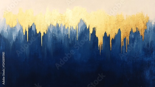 A dripping gradient of ultramarine and gold acrylic paint