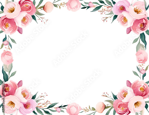 Elegant hand-painted watercolor roses and peonies create a romantic wedding photo booth frame, with soft pastel pink and blush tones and a delicate floral border, high-resolution printable template