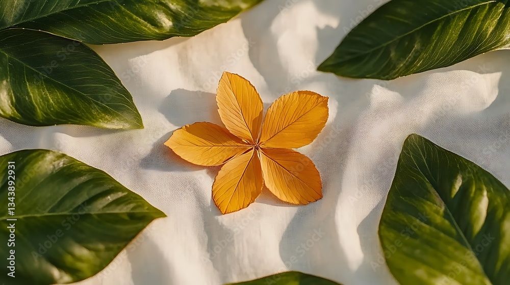Obraz premium A composed arrangement of leaves and flower petals on white cloth