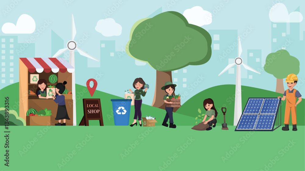 Fototapeta premium Sustainable City Living: A Community Engaged in Renewable Energy, Recycling, and Eco-Friendly Practices