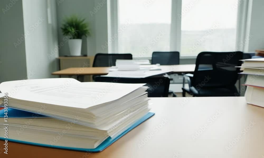 Minimalist and clean office space with several stacks of documents in bright lighting Minimalist and clean office space with several stacks of documents in bright lighting