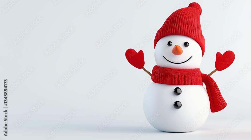 Fototapeta premium Joyful Snowman in Red Knitted Hat and Scarf on Light Blue Background
