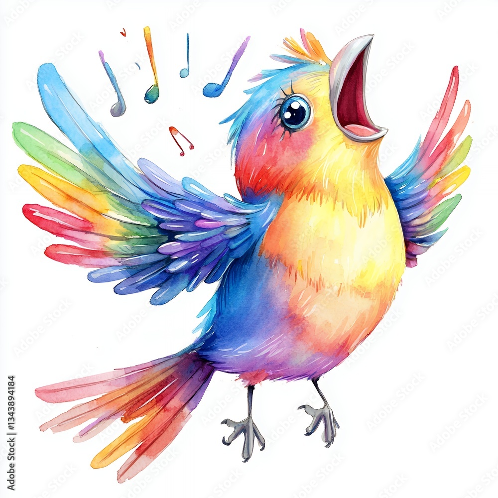 Obraz premium Joyful Rainbow Bird Singing with Musical Notes Watercolor Illustration