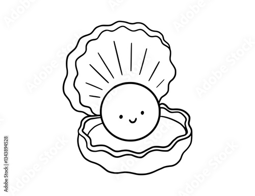 Cute shell, line smiling sea doodle illustration for children. Vector nautical drawing for coloring page