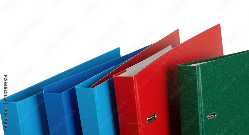 Fototapeta premium Colorful office binders for document organization against white background