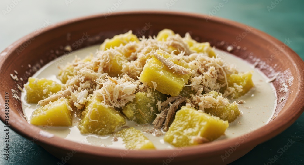 Serving Cooked Potato with Coconut Flakes and Creamy Sauce in Bowl Serving Cooked Potato with Coconut Flakes and Creamy Sauce in Bowl