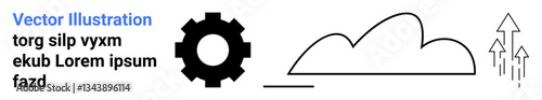 Gear beside cloud with three upward arrows. Represents technology, innovation, process, growth, cloud computing, business development, digital transformation. Ideal for simple landing page