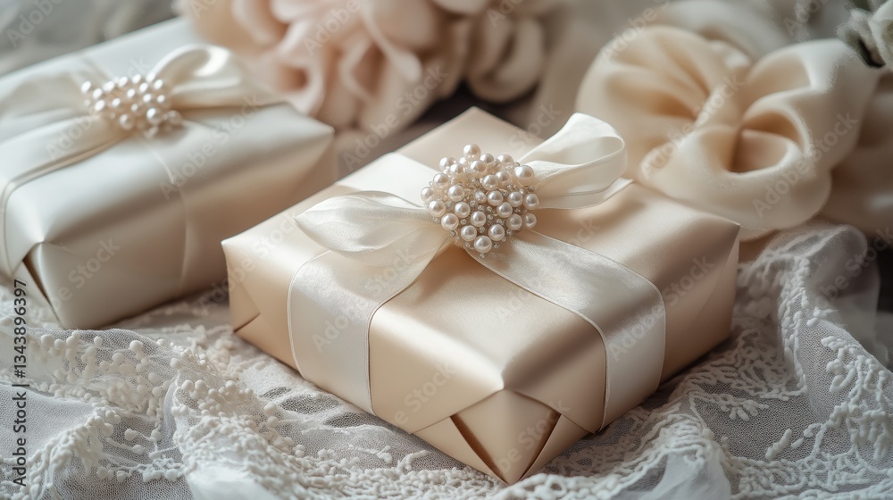 Elegant gift wrapping with satin ribbons and pearl embellishments set on lace fabric in a soft, romantic arrangement Elegant gift wrapping with satin ribbons and pearl embellishments set on lace fabric in a soft, romantic arrangement