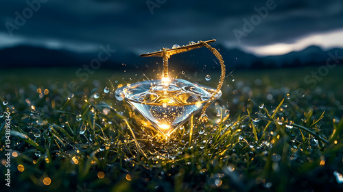 Sparkling Diamond Surrounded by Water Drops on Green Grass Under Dramatic Stormy Skies